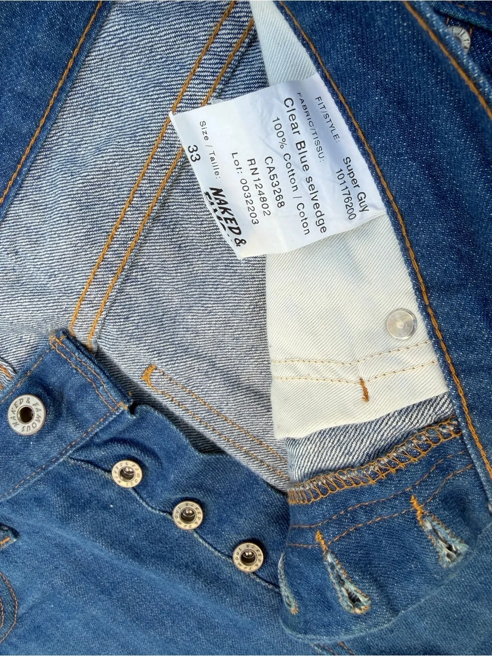 Naked & Famous Clear Blue Selvedge Super Guy Jeans Size 33